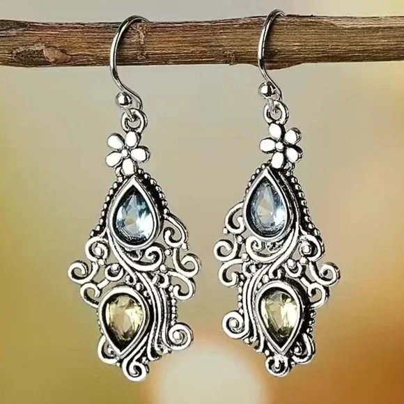 Vintage Silver Floral Gemstone Dangle Boho Earrings Nwt - Picture 2 of 5